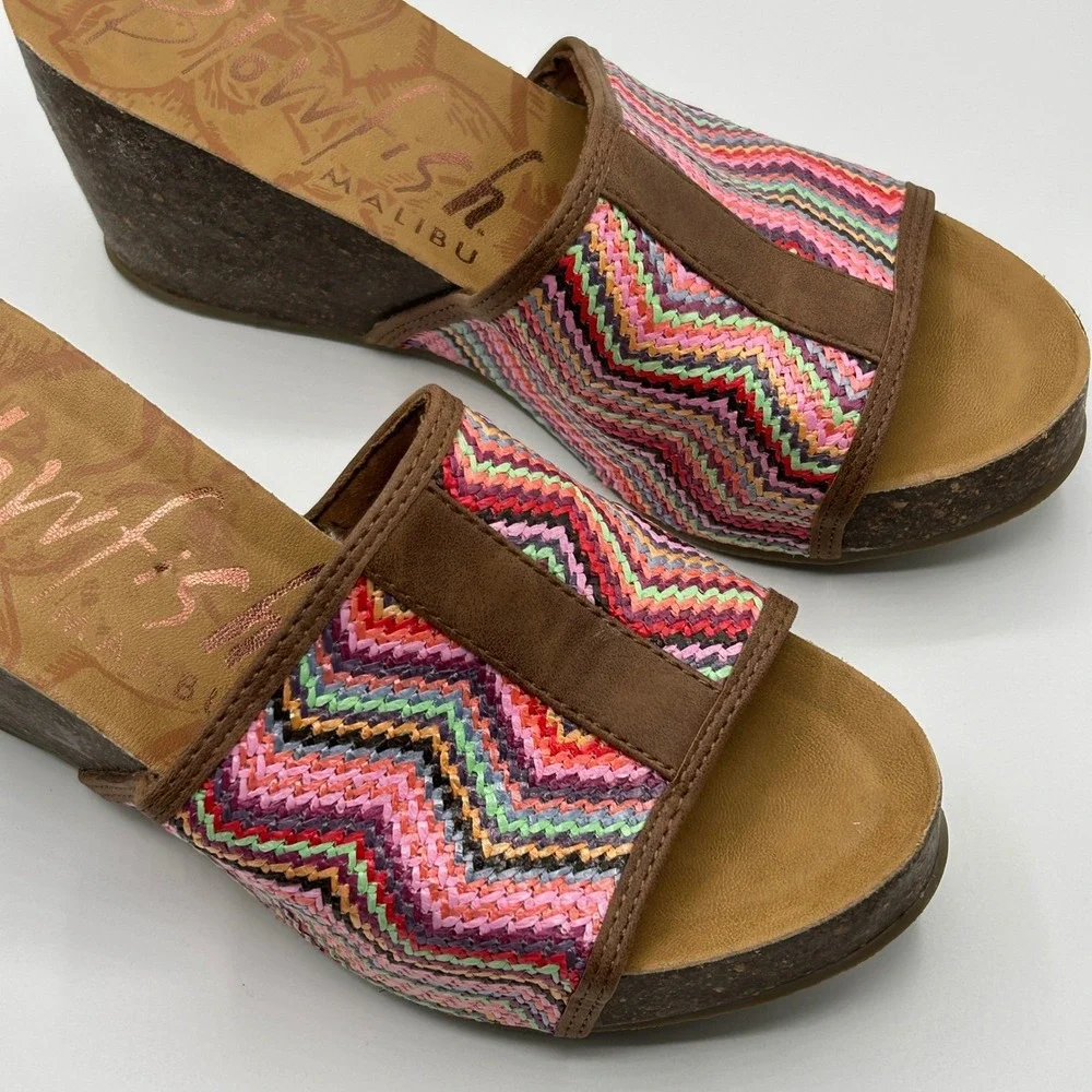 Blowfish Malibu B138 Multi Chevron Woven Cork Wedge Slide Sandals 8.5 Boho Retro